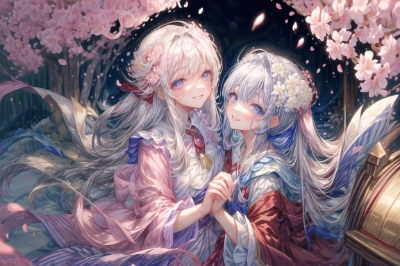 夜桜と姉妹