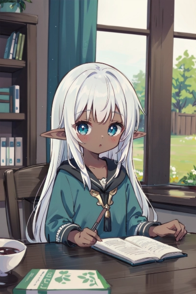 勉強中のダークエルフの女の子