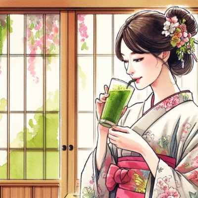 青汁を飲む和装女性