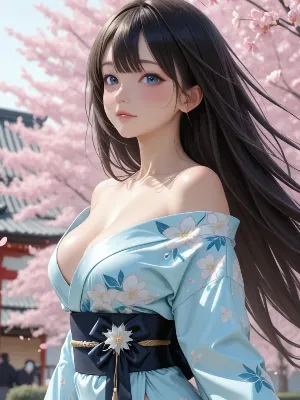 桜の下で輝く青い着物