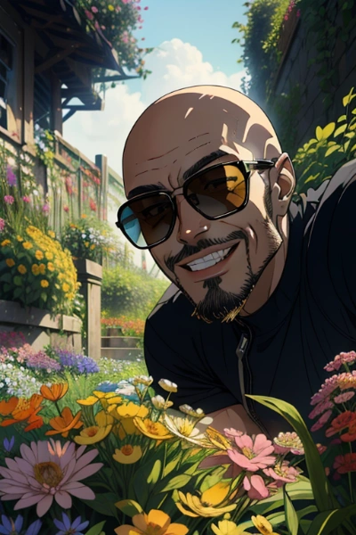 花、庭、オジサン