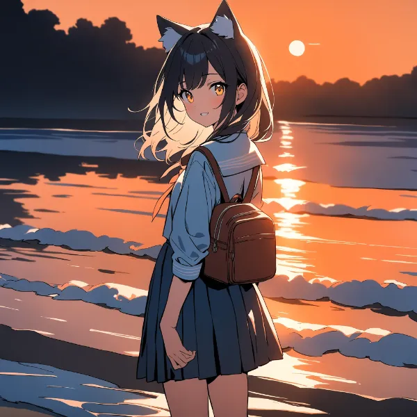 夕陽の波打ち際に立つ猫耳少女