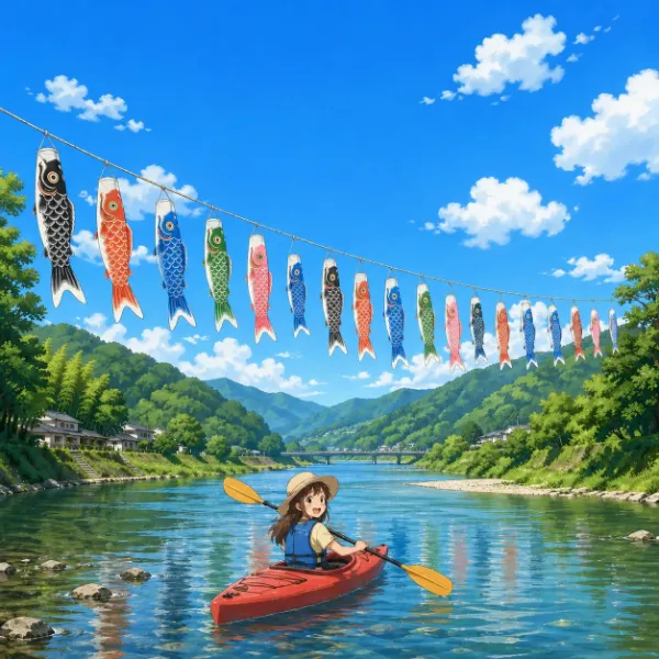 鯉のぼりの川渡し