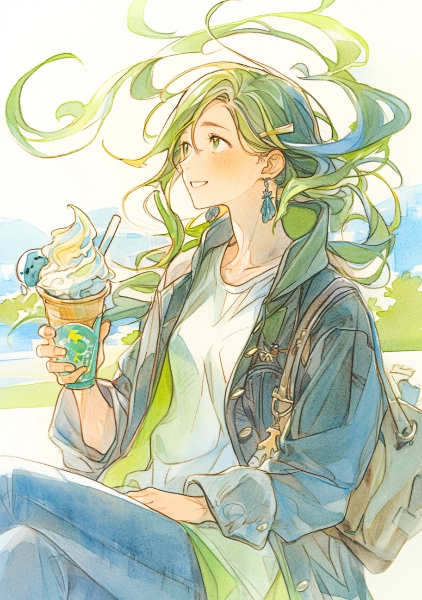 ソフトクリームを食べようとしている彼女