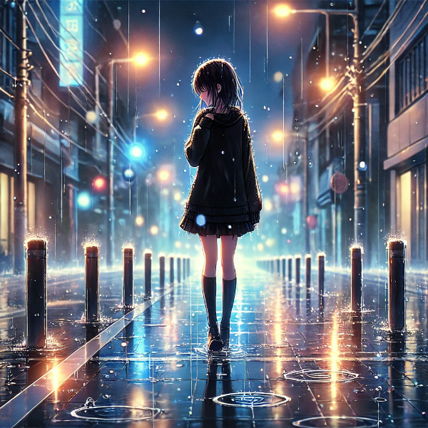 夜の雨と街灯に照らされた少女