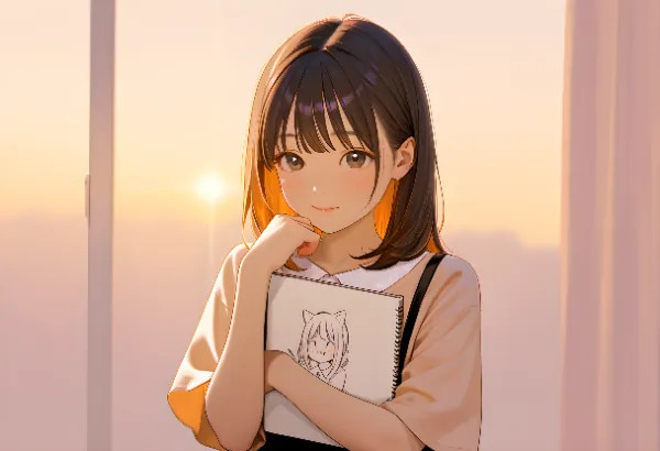 夕陽のスケッチと少女の微笑み