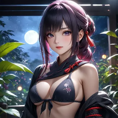 月夜の黒髪美女
