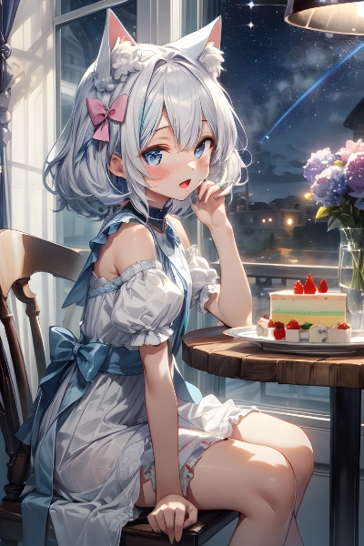 夜空を観ながらデザートのケーキ