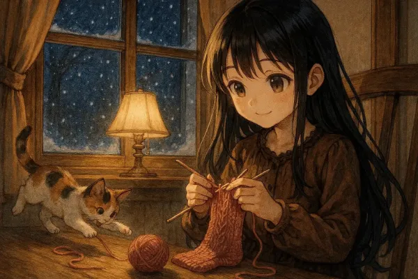 クリスマスを待つ夜の編み物時間