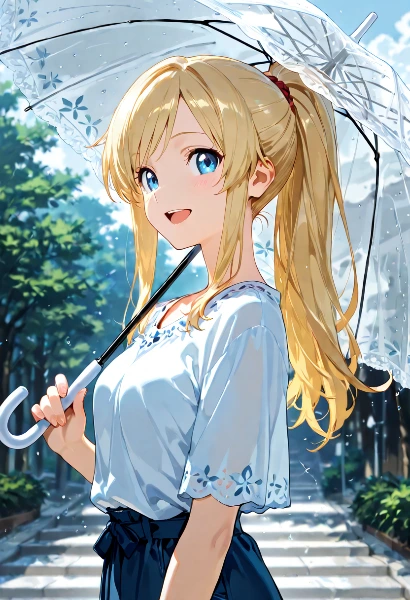 日傘の下の夏の微笑み