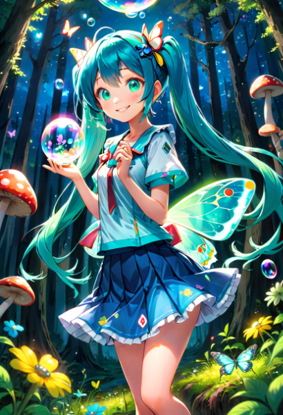 夜の世界　カラフルなしゃぼん玉とキノコの森