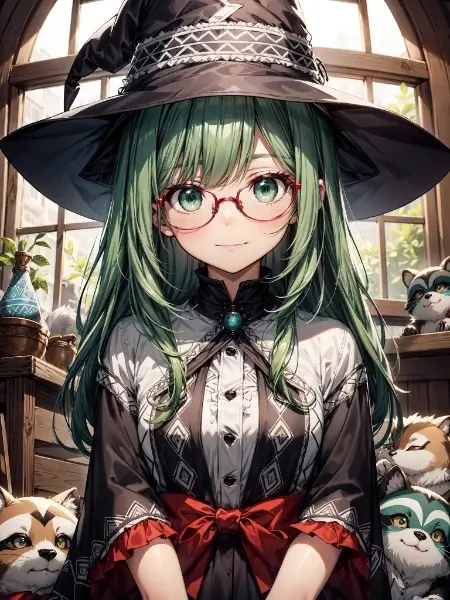 緑の髪のお姉さんと色とりどりの狸たち