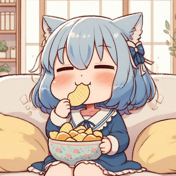 ポテチをモグモグするゆるい感じの青髪猫耳さん