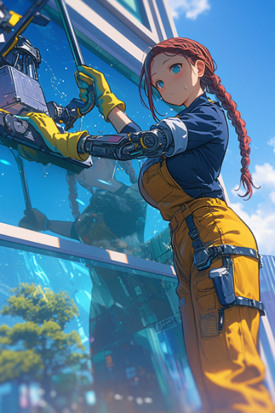 清掃員のサイボーグ娘と窓に写った青空