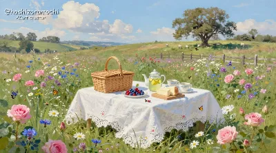 花咲く草原での白昼夢のようなピクニック