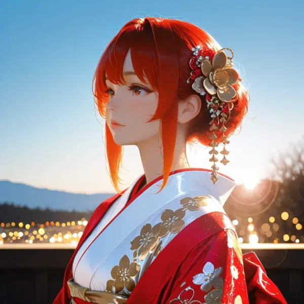 夕陽に輝く紅髪の美女