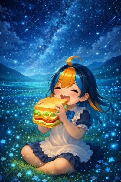 神秘的で綺麗だけど寒そうな場所でサンドイッチを食べる何か脚がたくましいぴくたーちゃん