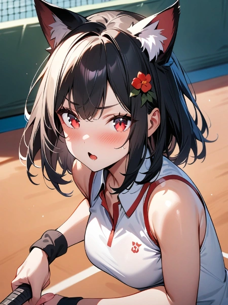 テニスをする猫耳娘