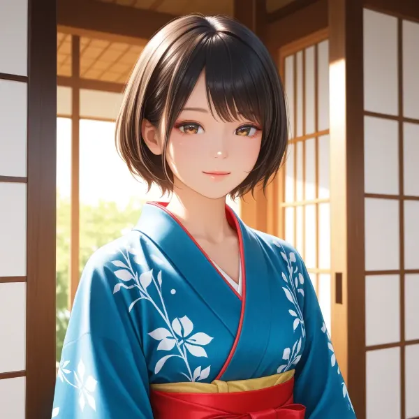 青い浴衣の穏やかな微笑み