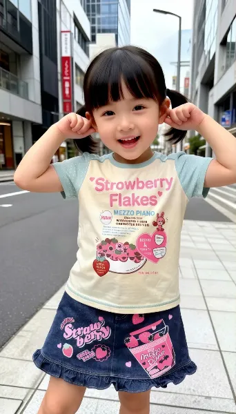 バイカラーTシャツとプリントデニムスカートのコーデ