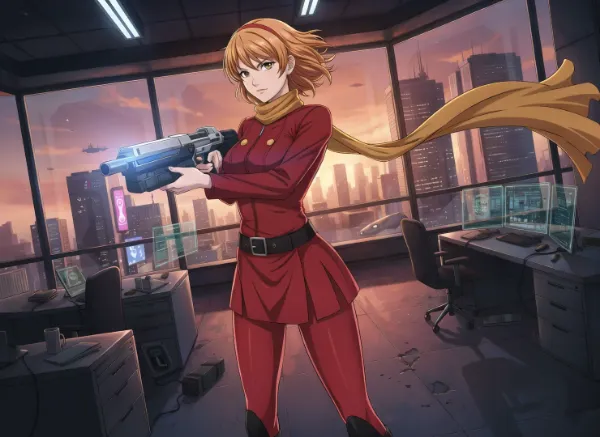 夕陽の都市で銃を構えるサイボーグ戦士の決意