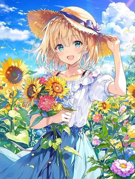ひまわり畑で微笑む夏の少女