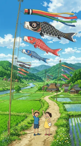 田舎の空を泳ぐこいのぼり