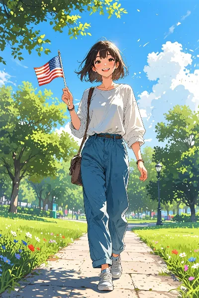 星条旗を手に、公園を歩く少女