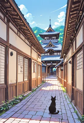 路地に佇む黒猫が見つめる山寺