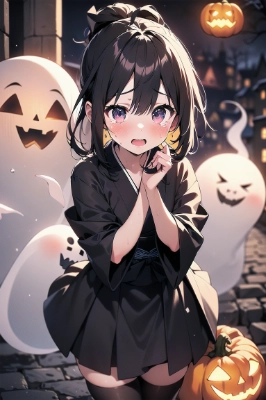 和装の彼女とハロウィンを楽しむゴースト