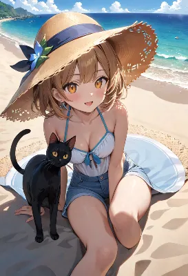 黒猫と過ごす夏の海辺の午後