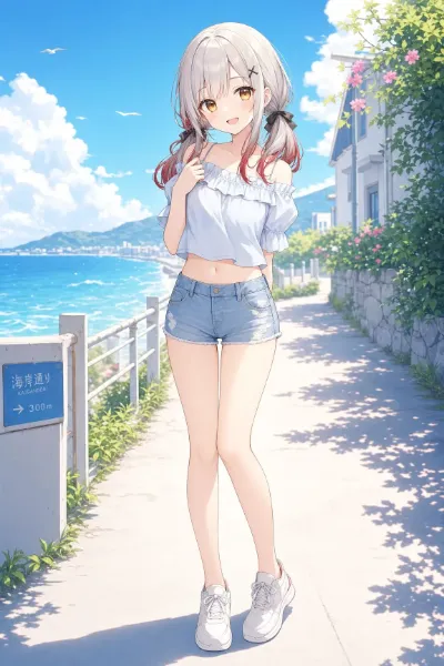 水色オフショルダートップス