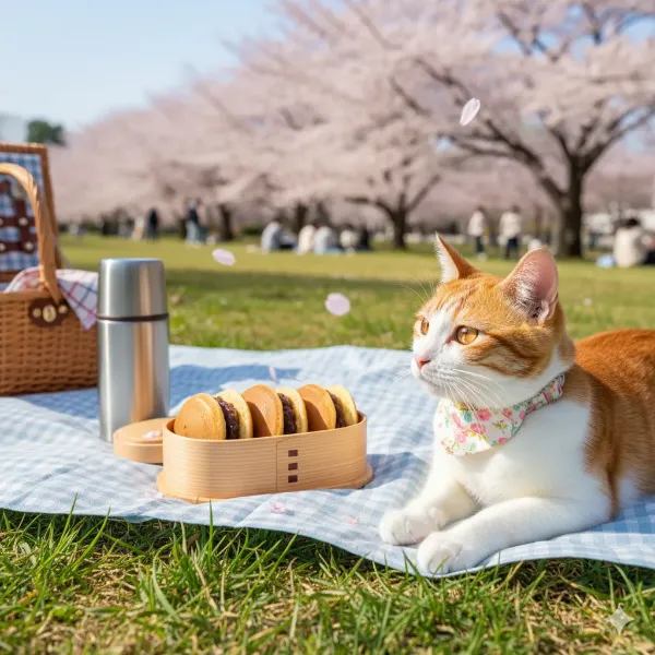 桜舞う公園の猫ピクニック