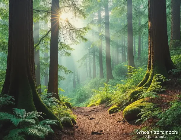 山道の木漏れ日 - Sunlight filtering through the trees on a mountain path