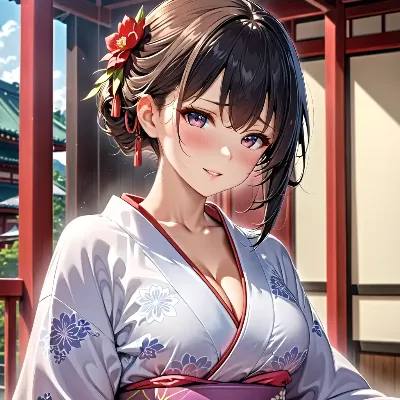 赤い椿を髪に飾る着物少女