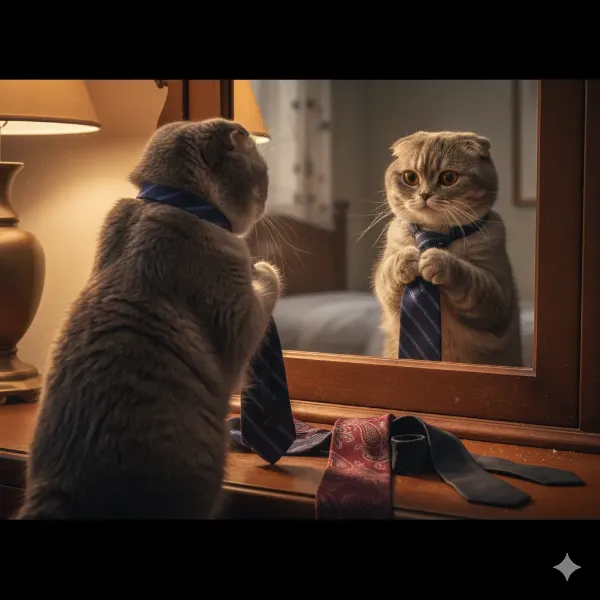 鏡の前の紳士猫、今日の冒険へ