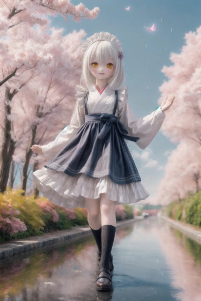 【桜が咲く雨降る道を行く和服のメイド少女】