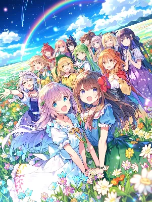 虹の下で輝く少女たちの祝福の瞬間