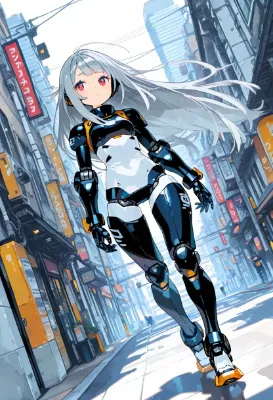 白銀の機動少女、ネオン街を疾走