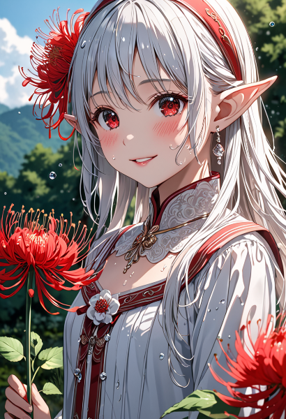 紅い花の森で微笑むエルフの少女