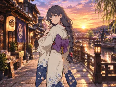 夕陽に微笑む着物少女