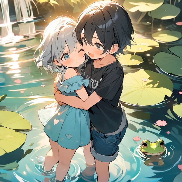 イチャつく2人の横にカエルさん。