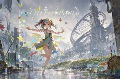 雨の未来都市に舞う虹色妖精