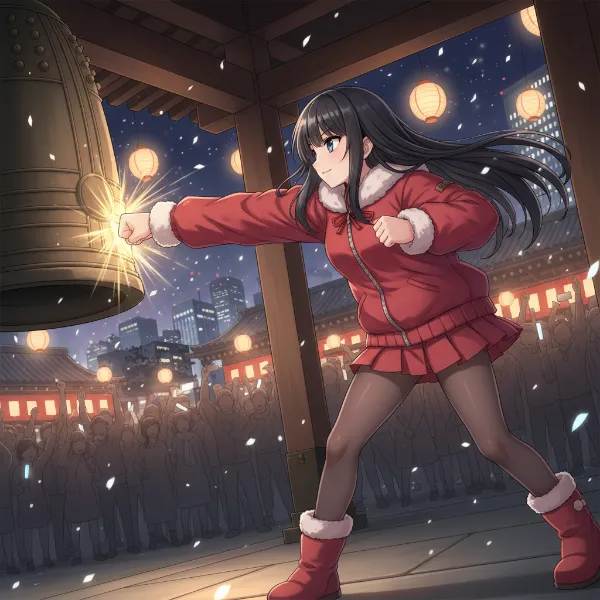 除夜の鐘を叩く少女