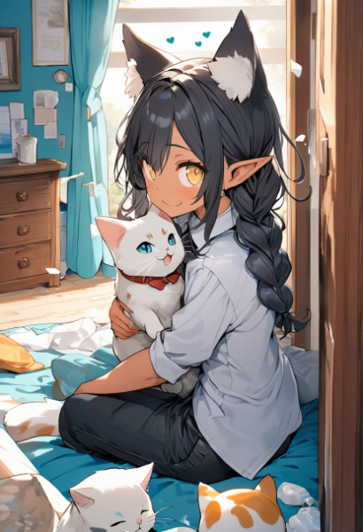 白にゃんこを抱っこする妖精姫