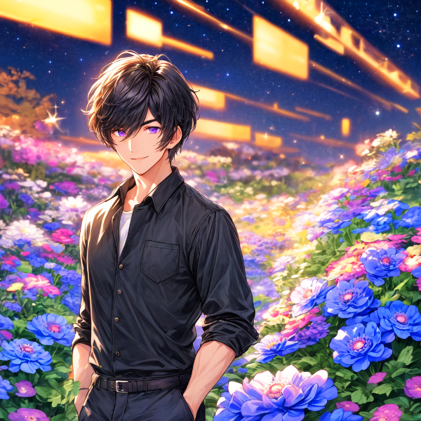 私服な黒髪短髪男性と花畑★