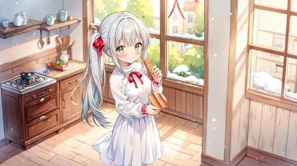 雪の朝、パンと少女の小さな冒険