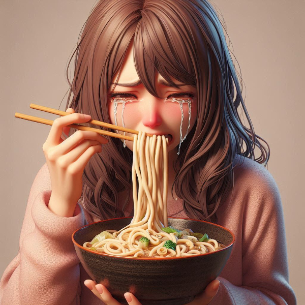 うどんの美味しさに感動して泣いている女性