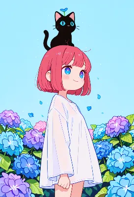 小さな黒猫と少女の紫陽花物語
