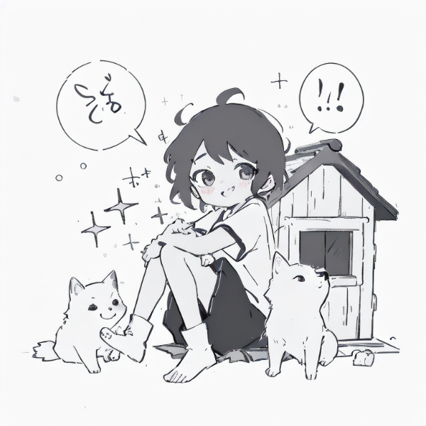女の子と子犬と犬小屋